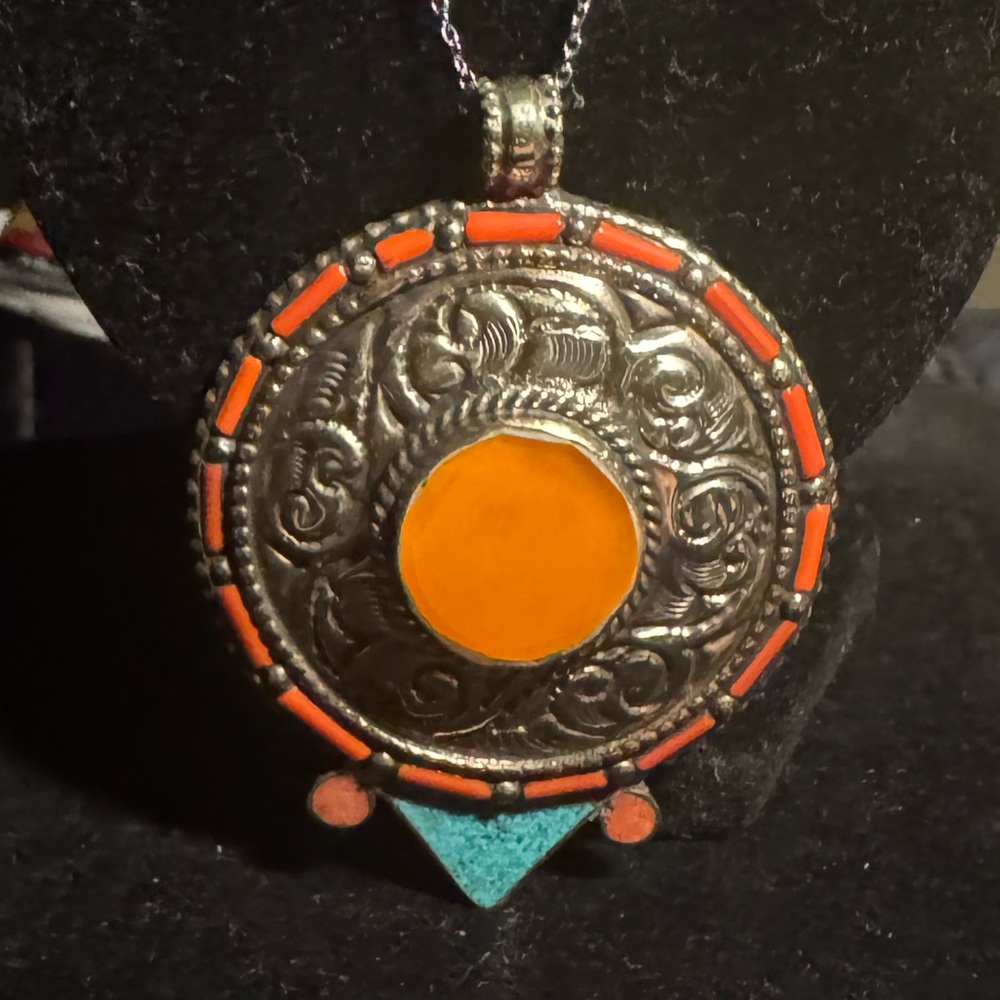 Tibetan sterling statement necklace turquoise orange (young amber)  14”